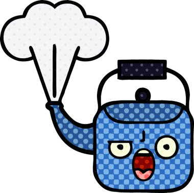 Bir insan tarafından çizilmiş dumanı tüten bir çaydanlığın çizgi romanı.