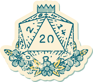 Retro Dövme Biçimi Doğal 20 D20 zar bir insan tarafından çizilmiş çiçek elementleriyle