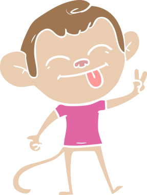 komik düz renkli çizgi film maymunu bir insan tarafından barış işareti çiziyor.