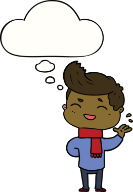 Bir insan tarafından çizilmiş düşünce balonuyla gülen çizgi film adamı.