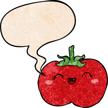 bir insan tarafından çizilmiş eski dokuma tarzında konuşma baloncuklu domates.
