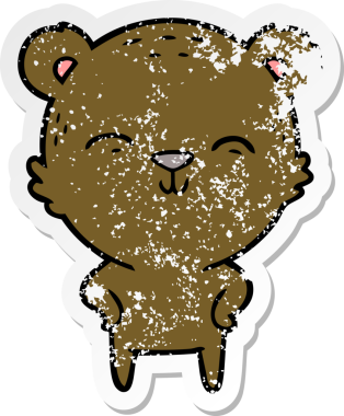 Mutlu bir çizgi film ayısının sıkıntılı çıkartması. Elleri bir insan tarafından çizilmiş kalçalar üzerinde.