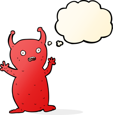 Bir insan tarafından çizilmiş düşünce baloncuğu olan komik küçük uzaylı çizgi filmi.