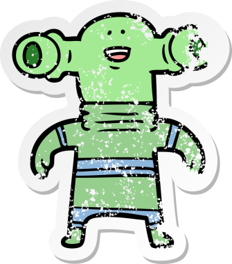 Bir insan tarafından çizilmiş dost canlısı çizgi film uzaylısının sıkıntılı çıkartması.