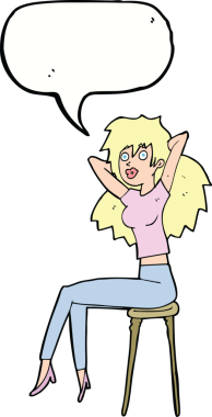 Bir insan tarafından çizilmiş konuşma balonuyla taburede poz veren karikatür kadın.