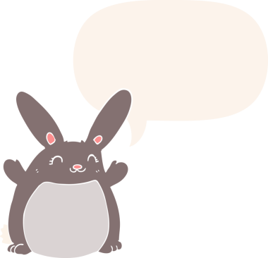 Konuşma baloncuklu çizgi film tavşanı insan tarafından çizilmiş.