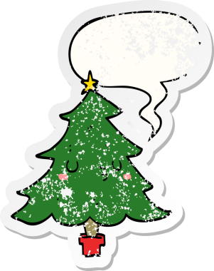 Konuşma baloncuğu olan şirin bir çizgi film Noel ağacı bir insan tarafından çizilmiş sıkıntılı eski bir çıkartma.