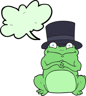 Bir insan tarafından çizilmiş silindir şapkalı konuşma balonu kurbağası çizimi.