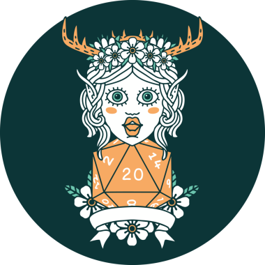 Bir insan tarafından çizilmiş doğal 20 zarlı Elf Druid karakteri simgesi