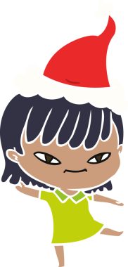 Bir insan tarafından çizilmiş Noel Baba şapkası takan bir kadının düz renkli çizimi.