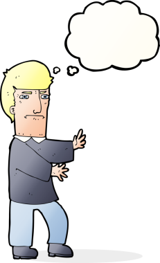 Bir insan tarafından çizilmiş düşünce kabarcığı olan huysuz bir çizgi film karakteri.