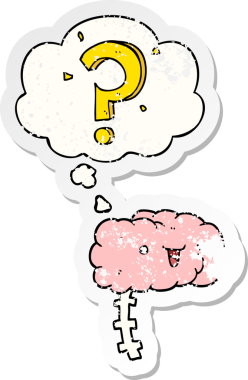 Düşünce baloncuklu çizgi film meraklısı beyin, insan tarafından çizilmiş yıpranmış bir çıkartma gibi.