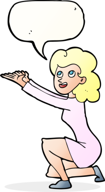 Bir insan tarafından çizilmiş konuşma balonuyla sunum yapan bir karikatür kadını.