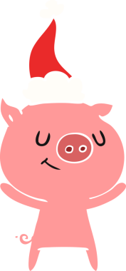 Mutlu el çizimi düz renk çizimi Noel Baba şapkası takan bir domuzun insan tarafından çizilmiş.