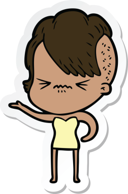 Çizgi film çıkartması. Bir insan tarafından çizilmiş sinirli hippi kız.