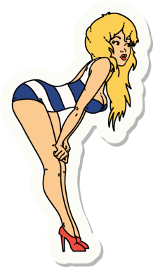 Bir insan tarafından çizilmiş yüzme kostümlü bir kızın geleneksel stil dövme çıkartması.