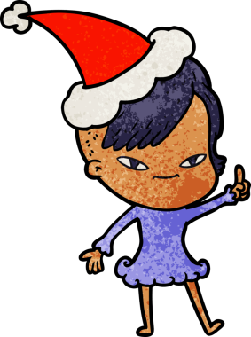 Hipster saç kesimli, Noel Baba şapkası takan bir kızın çizilmiş güzel el çizimi bir insan tarafından çizilmiş.