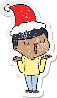 Bir insan tarafından çizilmiş Noel Baba şapkası takan mutlu bir çocuğun el çizimi çıkartması.