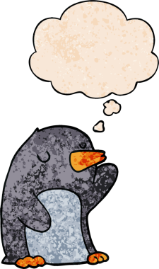 Bir insan tarafından çizilmiş grunge desenli düşünce baloncuklu penguen çizgi filmi.