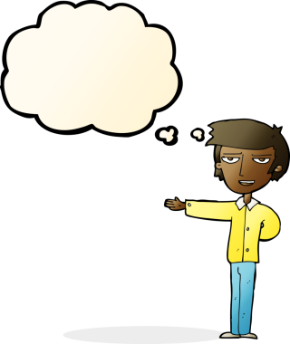 Bir insan tarafından çizilmiş düşünce baloncuğuyla el kol hareketi yapan bir karikatürist.