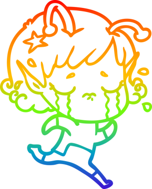 Gökkuşağı gradyan çizgisi, bir insan tarafından çizilmiş ağlayan uzaylı bir kızın çizimi.