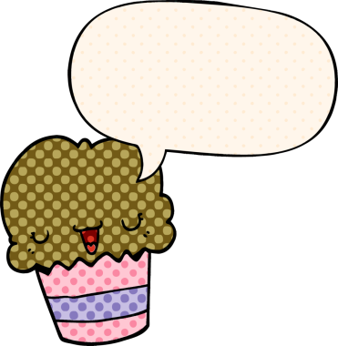 Bir insan tarafından çizilmiş, yüzünde konuşma balonu olan çizgi roman tarzı bir kek.