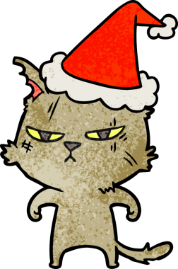 Bir insan tarafından çizilmiş Noel Baba şapkası takan bir kedinin çizilmiş sert eli.