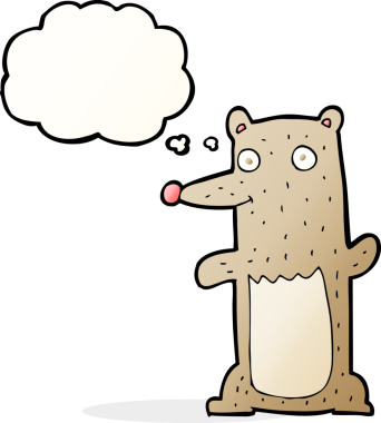 Bir insan tarafından çizilmiş düşünce baloncuklu komik çizgi film ayısı.