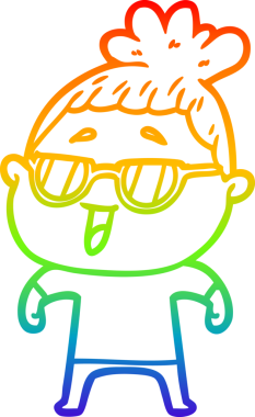 Bir insan tarafından çizilmiş gözlük takan mutlu bir kadının çizgi çizimi.