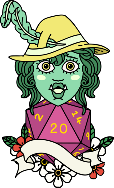 Retro Dövme Tarzı Bir insan tarafından çizilmiş 20 zarlı yarı ork ozan karakteri