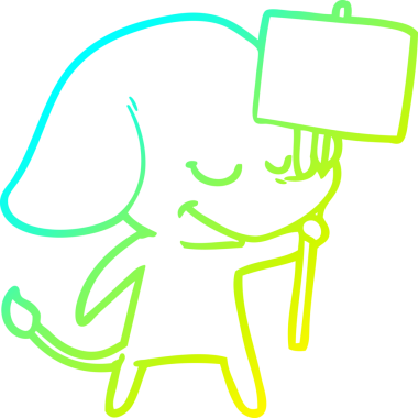 Bir insan tarafından çizilmiş pankartla gülümseyen bir filin soğuk çizgi çizimi.