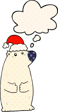 Çizgi roman tarzında bir insan tarafından çizilmiş düşünce baloncuklu Noel şapkası takan çizgi film ayısı.