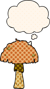 Çizgi roman tarzında bir insan tarafından çizilmiş düşünce baloncuklu mantar.