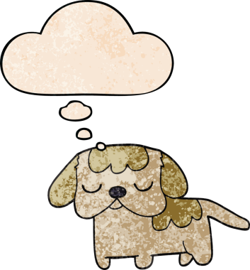 Bir insan tarafından çizilmiş grunge desenli düşünce baloncuğu olan şirin bir çizgi film köpeği.