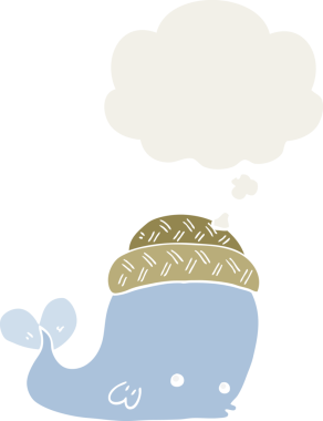 Düşünce baloncuğu şeklinde şapkalı çizgi film balinası insan tarafından çizilmiş.