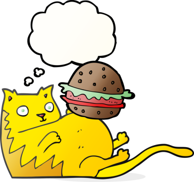 Bir insan tarafından çizilmiş serbest çizim düşünce baloncuklu şişman kedi.