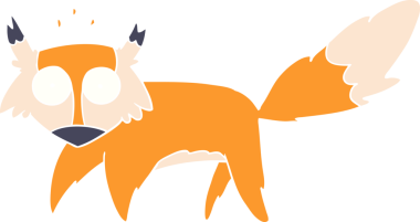 Düz renkli çizgi film. Bir insan tarafından çizilmiş tilki ürkmüş.