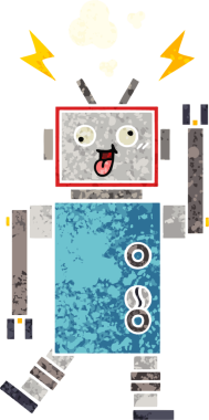 Bir insan tarafından çizilmiş çatlak bir robotun retro çizim tarzı karikatürü.