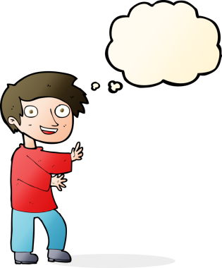 Bir insan tarafından çizilmiş düşünce baloncuğu olan heyecanlı çocuk.