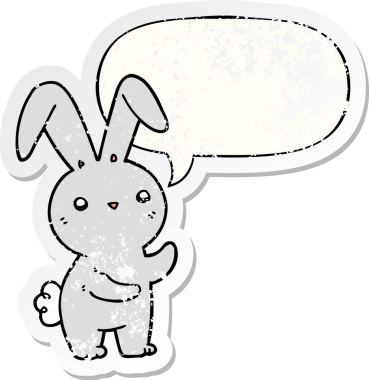 Konuşma baloncuğu olan sevimli çizgi film tavşanı bir insan tarafından çizilmiş sıkıntılı eski bir çıkartma