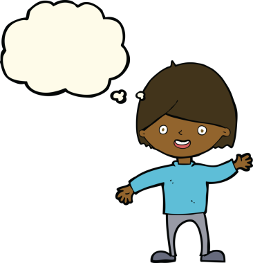 Bir insan tarafından çizilmiş düşünce baloncuğu olan bir çocuk.