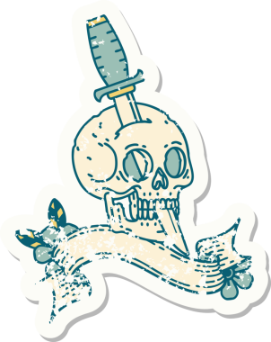 Bir insan tarafından çizilmiş kafatasının pankartıyla eski bir etiket.