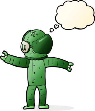 Bir insan tarafından çizilmiş düşünce baloncuklu astronot.