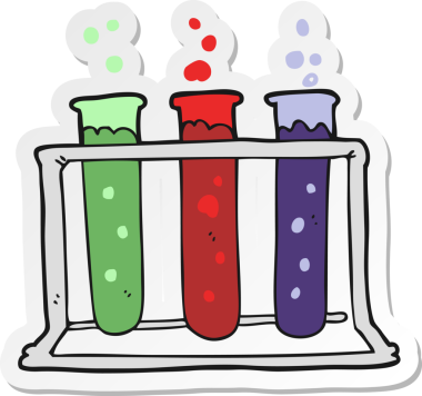 Bir insan tarafından çizilmiş test tüplerinin olduğu çizgi film etiketi.