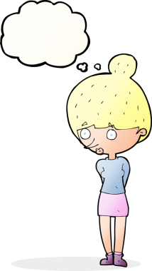 Bir insan tarafından çizilmiş düşünce balonuyla bakan çizgi film kadını.