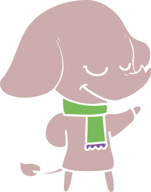 Düz renkli çizgi film gülümseyen fil bir insan tarafından çizilmiş eşarp giyiyor.