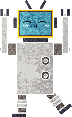 Bir insan tarafından çizilmiş mutlu bir robotun retro çizim tarzı karikatürü