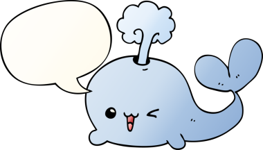 Bir insan tarafından çizilmiş, konuşma baloncuklu çizgi film balinası.