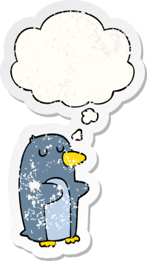 Düşünce baloncuğu olan karikatür pengueni insan tarafından çizilmiş yıpranmış bir çıkartma.