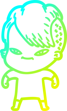 Hipster saç kesimi bir insan tarafından çizilmiş hoş bir çizgi film kızı çizimi.